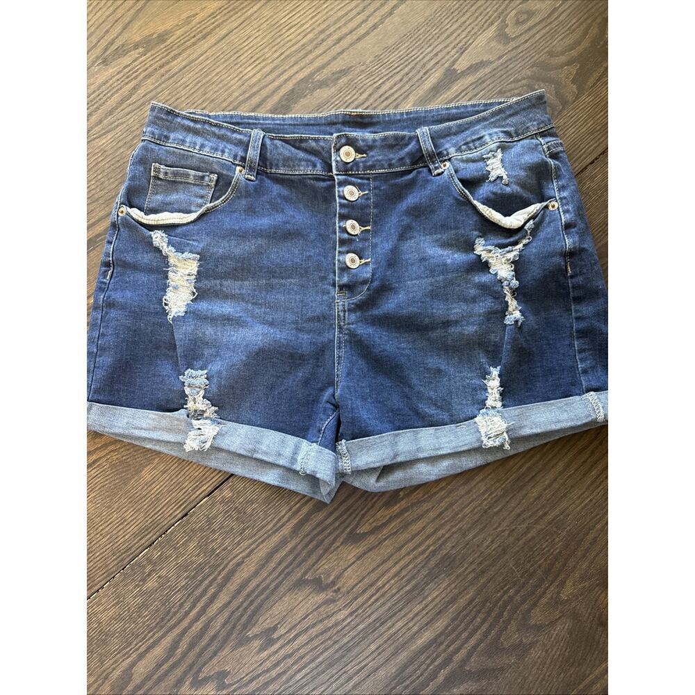 Women's Shorts Blue Denim High Rise Button Fly Stretchy Sz 14 Distressed